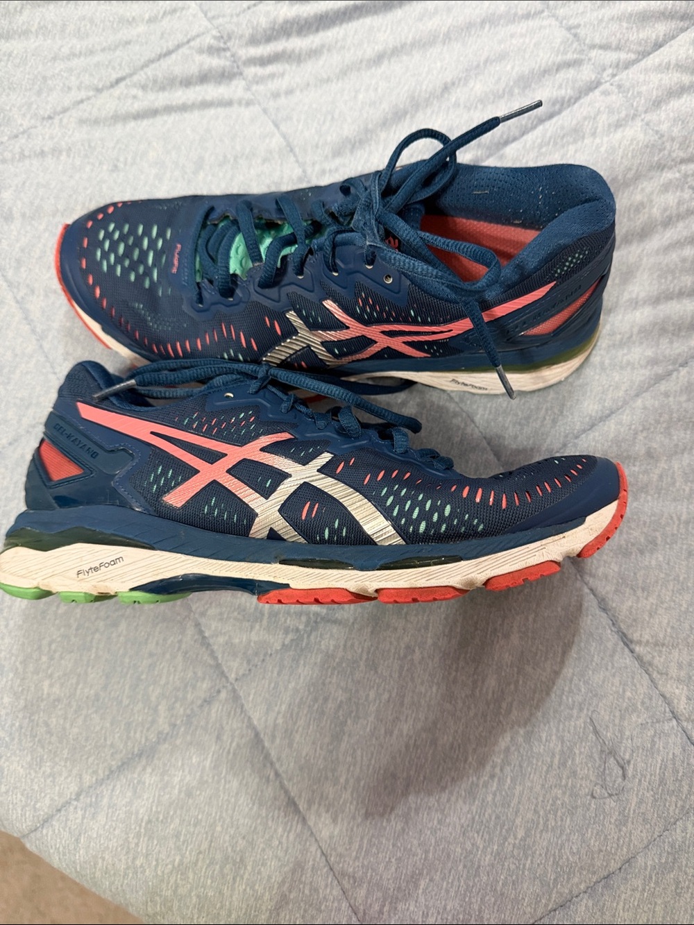 Asics Kayano Navy Running Shoes with Coral & White Accents